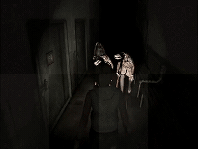 A Couple Of People Standing In A Dark Hallway Holding Sticks GIF