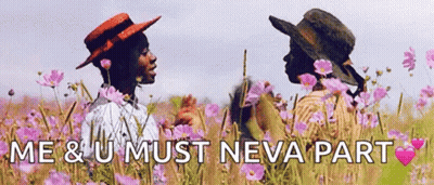 A Couple Of People Standing In A Field Of Flowers With The Words `` Me & U Must Neva Part '' . GIF