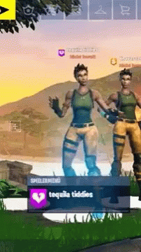 A Couple Of People Standing Next To Each Other In A Video Game With A Message That Says Tequila Tiddies . GIF