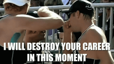 A Couple Of People Standing Next To Each Other With The Words " I Will Destroy Your Career In This Moment " On The Botto GIF