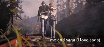 A Couple Of People Standing Next To Each Other With The Words Me And Saga ( I Love Saga ) Below Them GIF