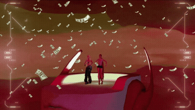A Couple Of People Standing On Top Of A Boat With Money Flying Around GIF