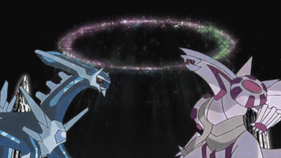 A Couple Of Pokemon Standing Next To Each Other With A Circle In The Background GIF