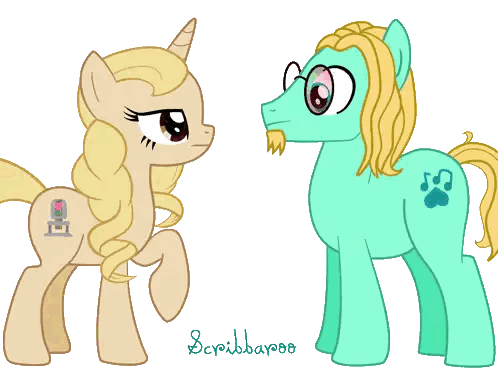 A Couple Of Ponies Standing Next To Each Other With The Name Scribbaroo Written On The Bottom Sticker