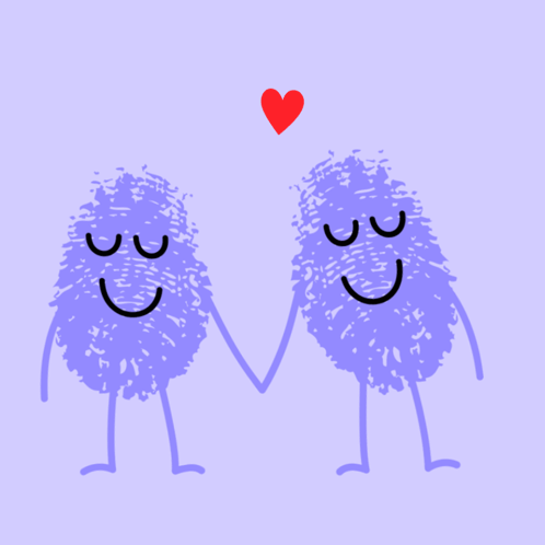 A Couple Of Purple Monsters Holding Hands With A Red Heart Above Them GIF