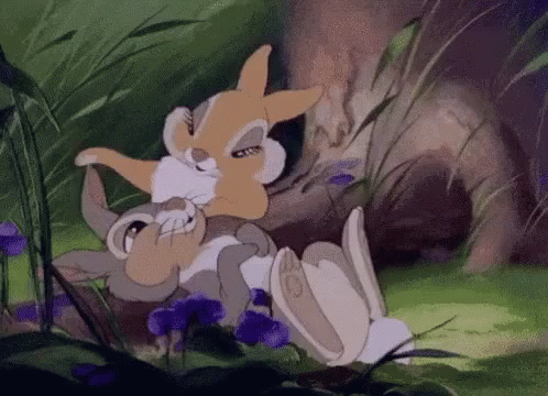 A Couple Of Rabbits Are Laying In The Grass . GIF