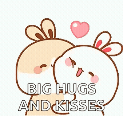 A Couple Of Rabbits Hugging Each Other With A Heart In The Background And The Words `` Big Hugs And Kisses '' . GIF