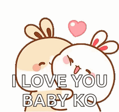 A Couple Of Rabbits Hugging Each Other With The Words `` I Love You Baby Ko '' Written On It . GIF