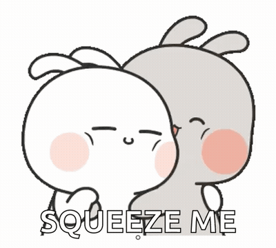 A Couple Of Rabbits Hugging Each Other With The Words `` Squeeze Me '' On The Bottom . GIF