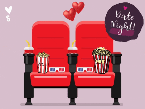A Couple Of Red Seats With Popcorn And 3D Glasses And A Sign That Says Date Night GIF