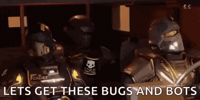 A Couple Of Robots Standing Next To Each Other With The Words `` Lets Get These Bugs And Bots '' In The Background . GIF