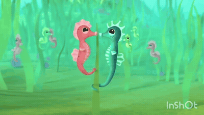 A Couple Of Seahorses Standing Next To Each Other In A Painting GIF
