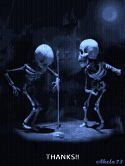 A Couple Of Skeletons Dancing In Front Of A Microphone With The Words Thanks Written Below Them GIF