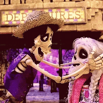 A Couple Of Skeletons Standing In Front Of A Sign That Says " Departures " GIF