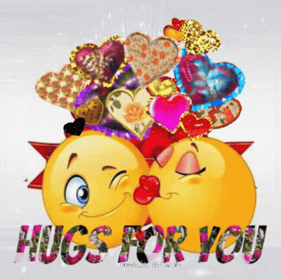 a couple of smiley faces kissing with the words hugs for you