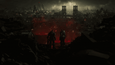 A Couple Of Soldiers Standing In Front Of A City With A Bridge In The Distance GIF