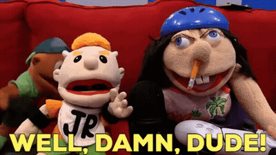 A Couple Of Stuffed Animals Sitting On A Couch With The Words Well Damn Dude Written In Yellow GIF