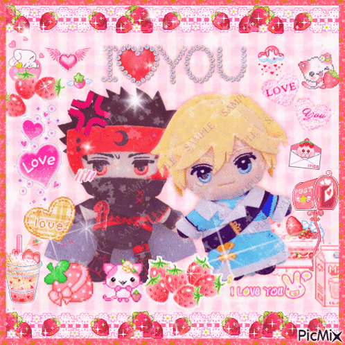 A Couple Of Stuffed Animals Standing Next To Each Other On A Pink Background With The Words I Love You Written On It GIF