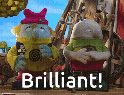 A Couple Of Stuffed Animals Standing Next To Each Other With The Word Brilliant Written In White GIF