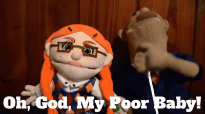 A Couple Of Stuffed Animals Standing Next To Each Other With The Words Oh God My Poor Baby GIF