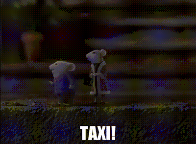 A Couple Of Stuffed Mice Standing Next To Each Other With The Words Taxi In The Corner GIF