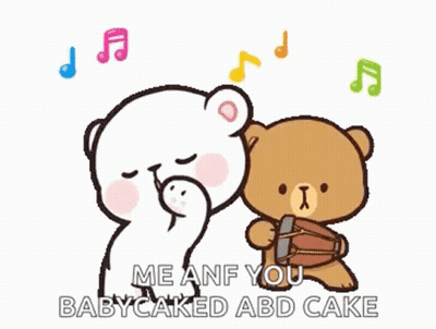 A Couple Of Teddy Bears Are Dancing Together While Holding A Drum . GIF