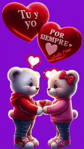 A Couple Of Teddy Bears Are Holding Hands Under A Heart That Says Por Siempre GIF