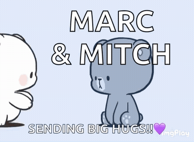A Couple Of Teddy Bears Are Hugging Each Other With The Words Marc & Mitch Sending Big Hugs GIF