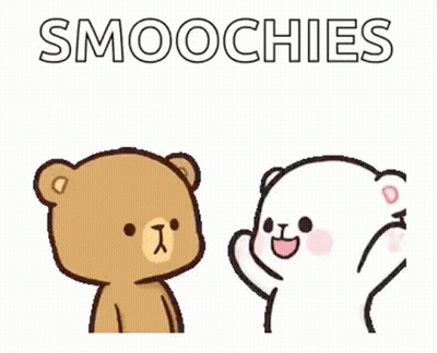 A Couple Of Teddy Bears Are Standing Next To Each Other And Talking . GIF