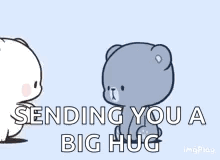 A Couple Of Teddy Bears Are Standing Next To Each Other . GIF