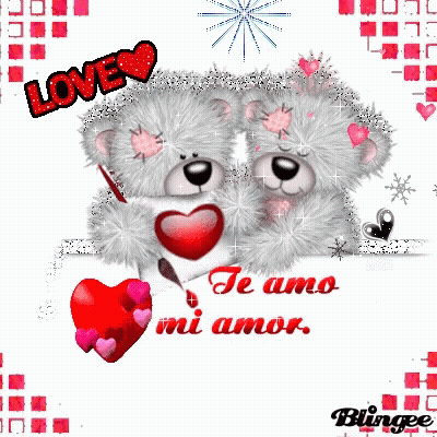 A Couple Of Teddy Bears Holding A Red Heart With The Words Love And Te Amo Mi Amor GIF