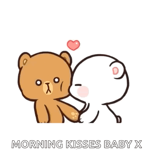 A Couple Of Teddy Bears Holding Hands With A Heart In The Background And The Words `` Morning Kisses Baby X '' . GIF