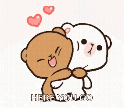 A Couple Of Teddy Bears Hugging Each Other With Hearts Above Them And The Words `` Here You Go '' . GIF