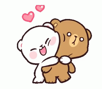 A Couple Of Teddy Bears Hugging Each Other With Hearts Flying In The Air . GIF
