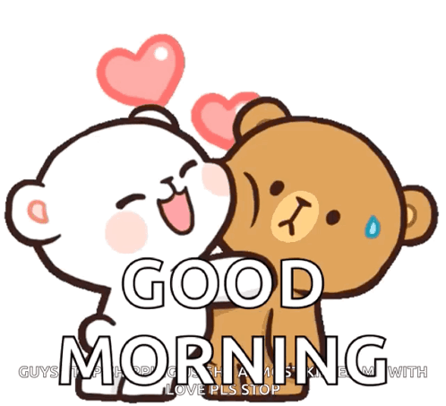 A Couple Of Teddy Bears Hugging Each Other With The Words Good Morning Guys GIF
