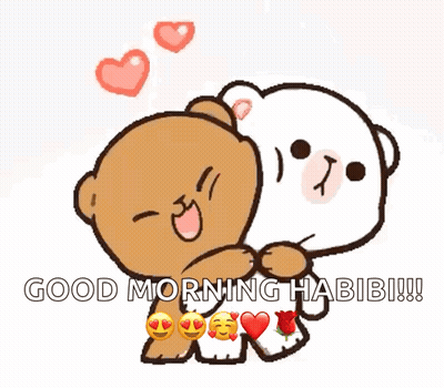 A Couple Of Teddy Bears Hugging Each Other With The Words Good Morning Habibi Written Below Them GIF