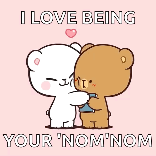 A Couple Of Teddy Bears Hugging Each Other With The Words " I Love Being Your Nom Nom " On The Bottom GIF