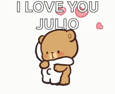 A Couple Of Teddy Bears Hugging Each Other With The Words `` I Love You Julio '' Written Above Them . GIF