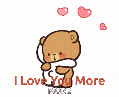 A Couple Of Teddy Bears Hugging Each Other With The Words I Love You More GIF