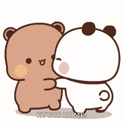 A Couple Of Teddy Bears Hugging Each Other With The Words Kuya 'S Home . GIF