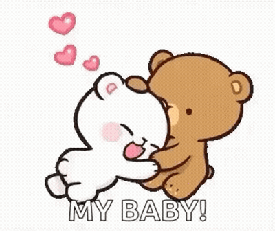 A Couple Of Teddy Bears Hugging Each Other With The Words `` My Baby '' . GIF