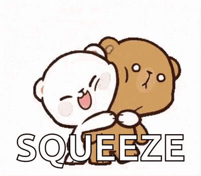 A Couple Of Teddy Bears Hugging Each Other With The Words `` Squeeze '' Written Next To Them . GIF