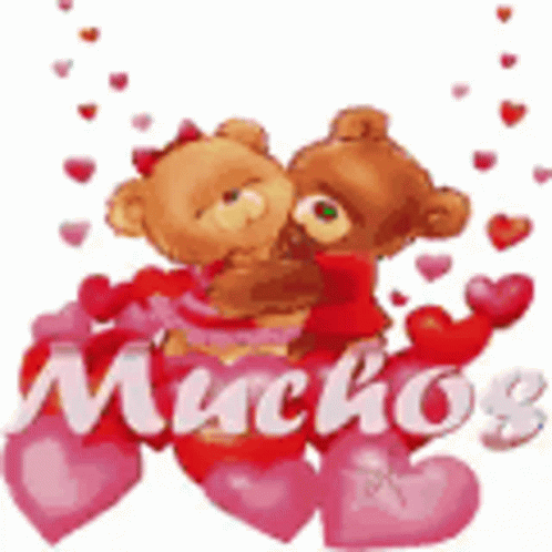 A Couple Of Teddy Bears Kissing With The Word Muchos Written On The Bottom GIF