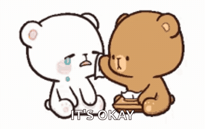 A Couple Of Teddy Bears Sitting Next To Each Other And One Of Them Is Crying . GIF