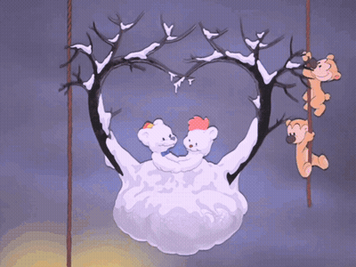 A Couple Of Teddy Bears Sitting On A Cloud Shaped Like A Heart GIF