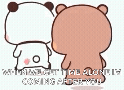 A Couple Of Teddy Bears Standing Next To Each Other And Talking . GIF