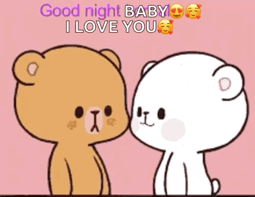 A Couple Of Teddy Bears Standing Next To Each Other On A Pink Background With The Words `` Good Night Baby I Love You '' GIF