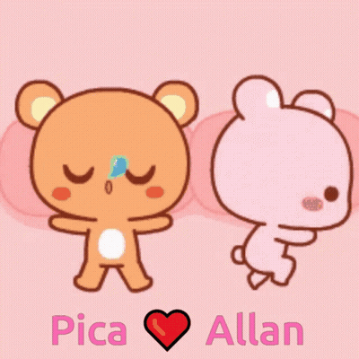 A Couple Of Teddy Bears Standing Next To Each Other With Pica And Allan Written On The Bottom GIF