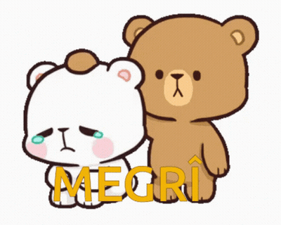 A Couple Of Teddy Bears Standing Next To Each Other With The Word Megri Written On The Bottom GIF