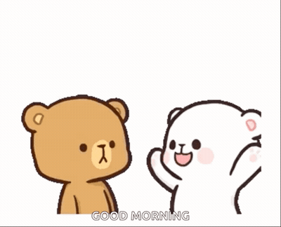 A Couple Of Teddy Bears Standing Next To Each Other With The Words Good Morning Written On The Bottom GIF